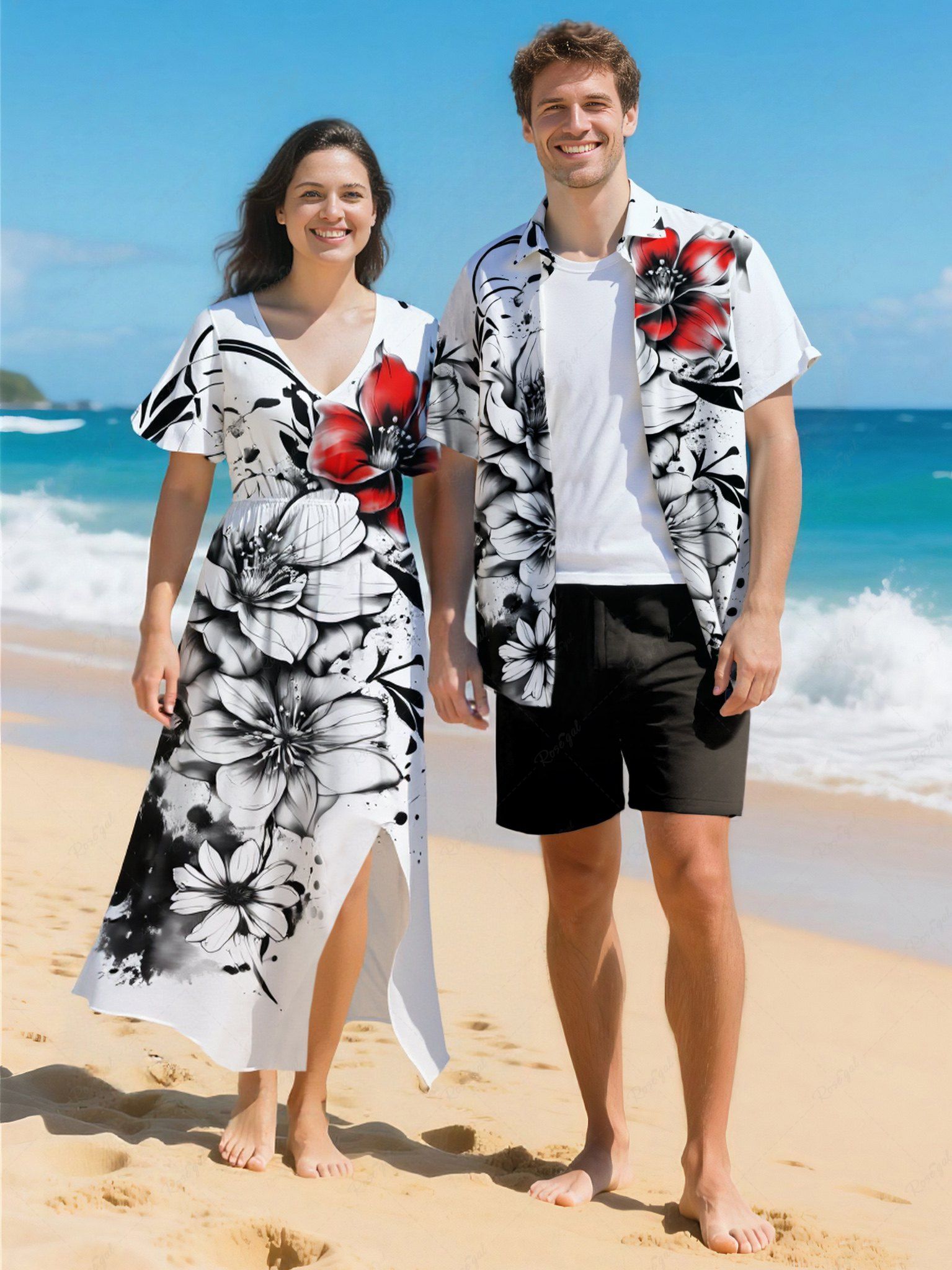Discount Flowers Ink Painting Splatter Print Plus Size Matching Hawaii Beach Outfit For Couples  