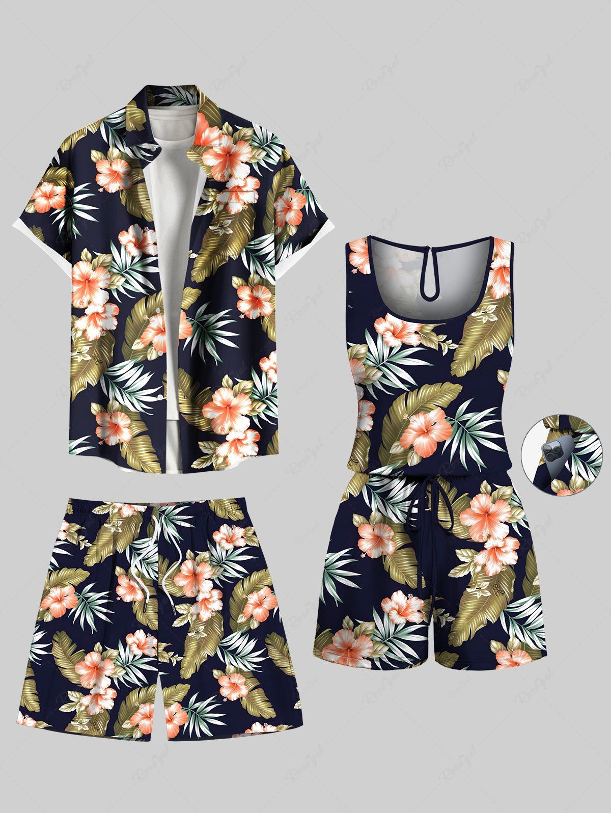 New Matching Hawaii Shirt Shorts and Romper Plus Size Beach Outfit Tropical Leaf Hibiscus Flower Print For Couples  