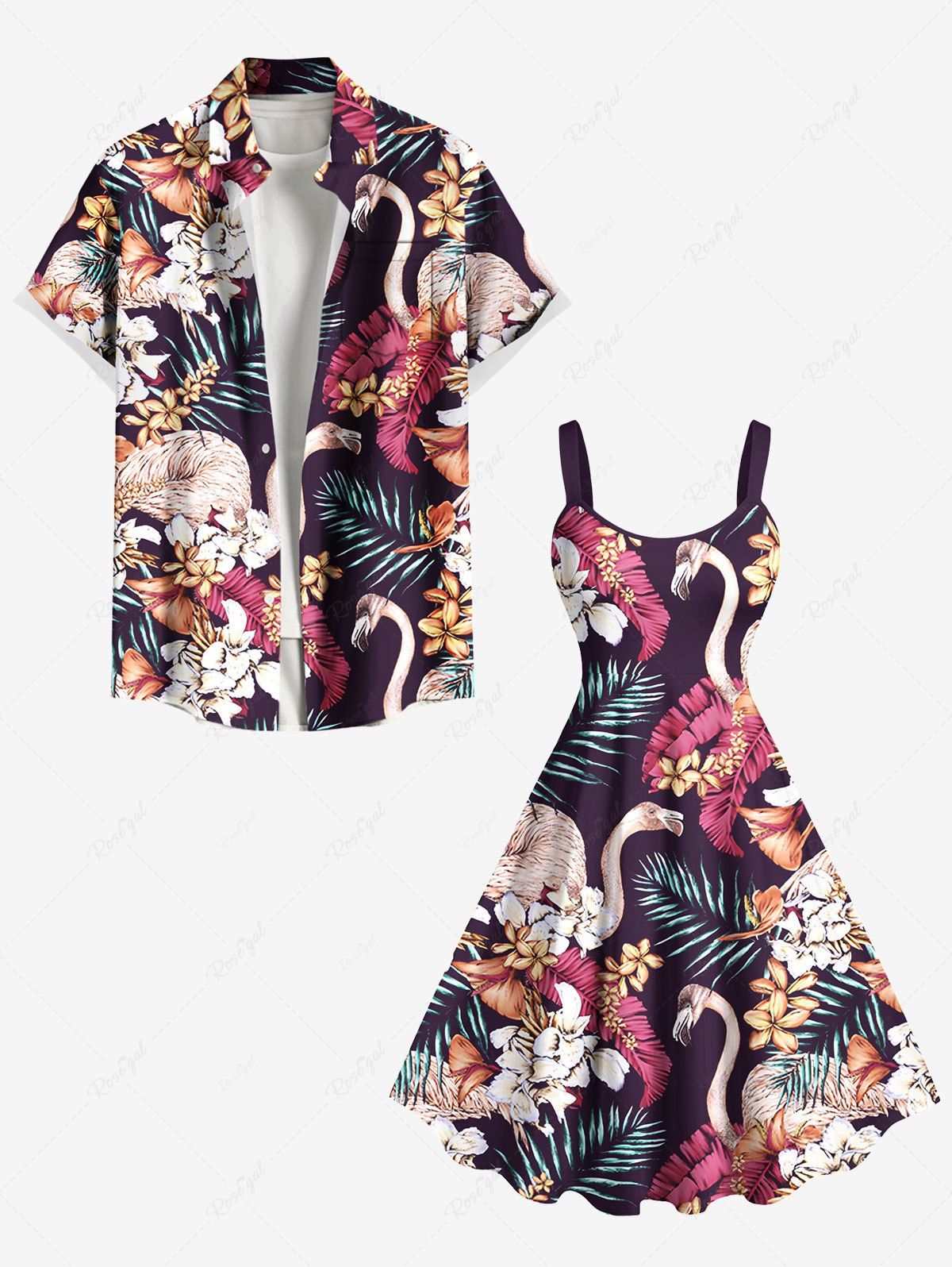 Tenue de plage hawaïenne assortie grande taille pour couples, motif feuilles tropicales, hibiscus, fleur, flamant rose Pourpre  