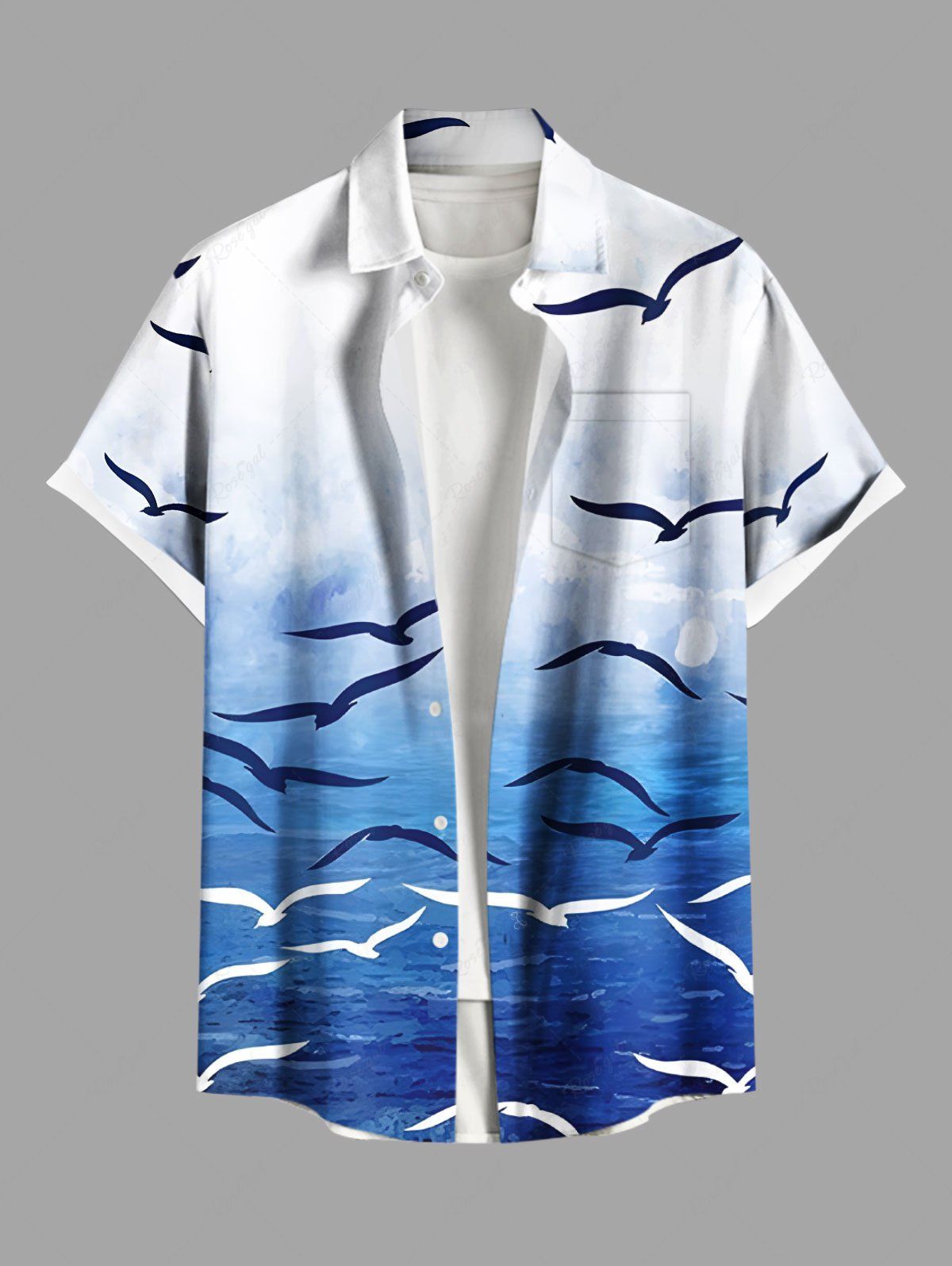 Shops Plus Size Ombre Sea Bird Print Buttons Pocket Hawaii Shirt For Men  