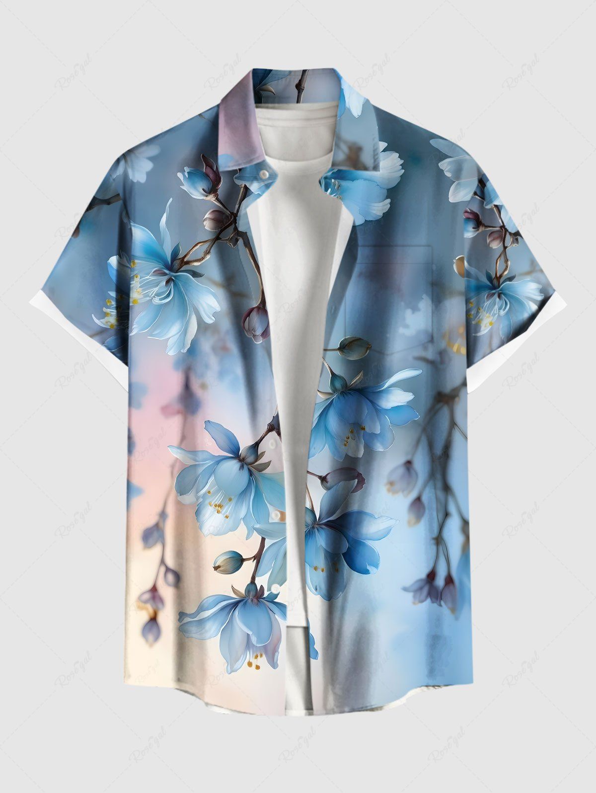 Chemise hawaïenne grande taille à imprimé floral ombré et boutons avec poches pour homme Bleu Ciel 4XL