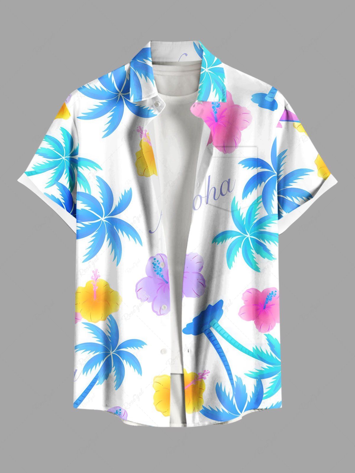 Chemise hawaïenne grande taille à imprimé cocotiers et fleurs d'hibiscus, boutons et poches pour homme Blanc 4XL