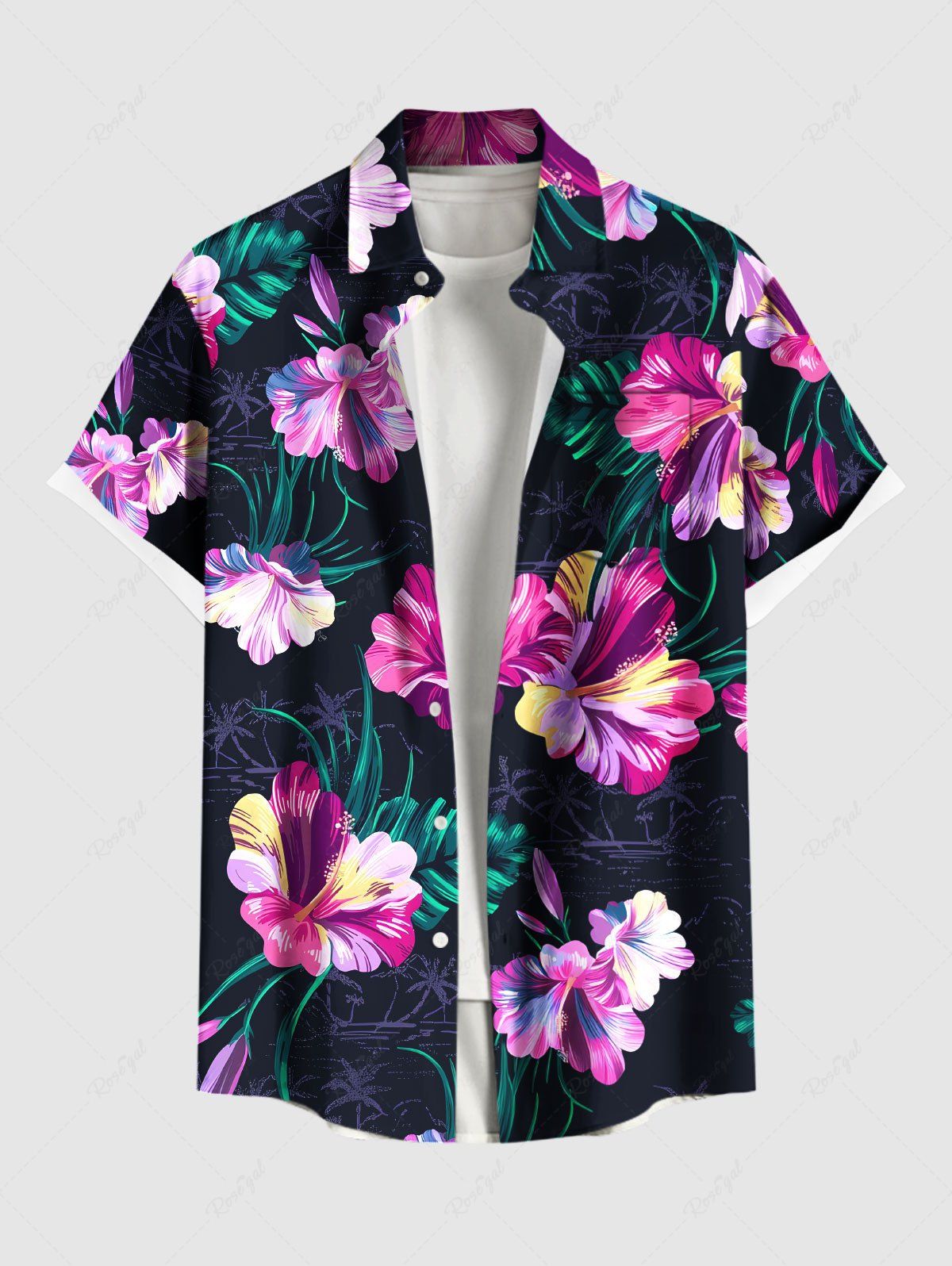 Chemise hawaïenne grande taille à imprimé feuilles tropicales et fleurs d'hibiscus, avec poches et boutons, pour homme Noir L