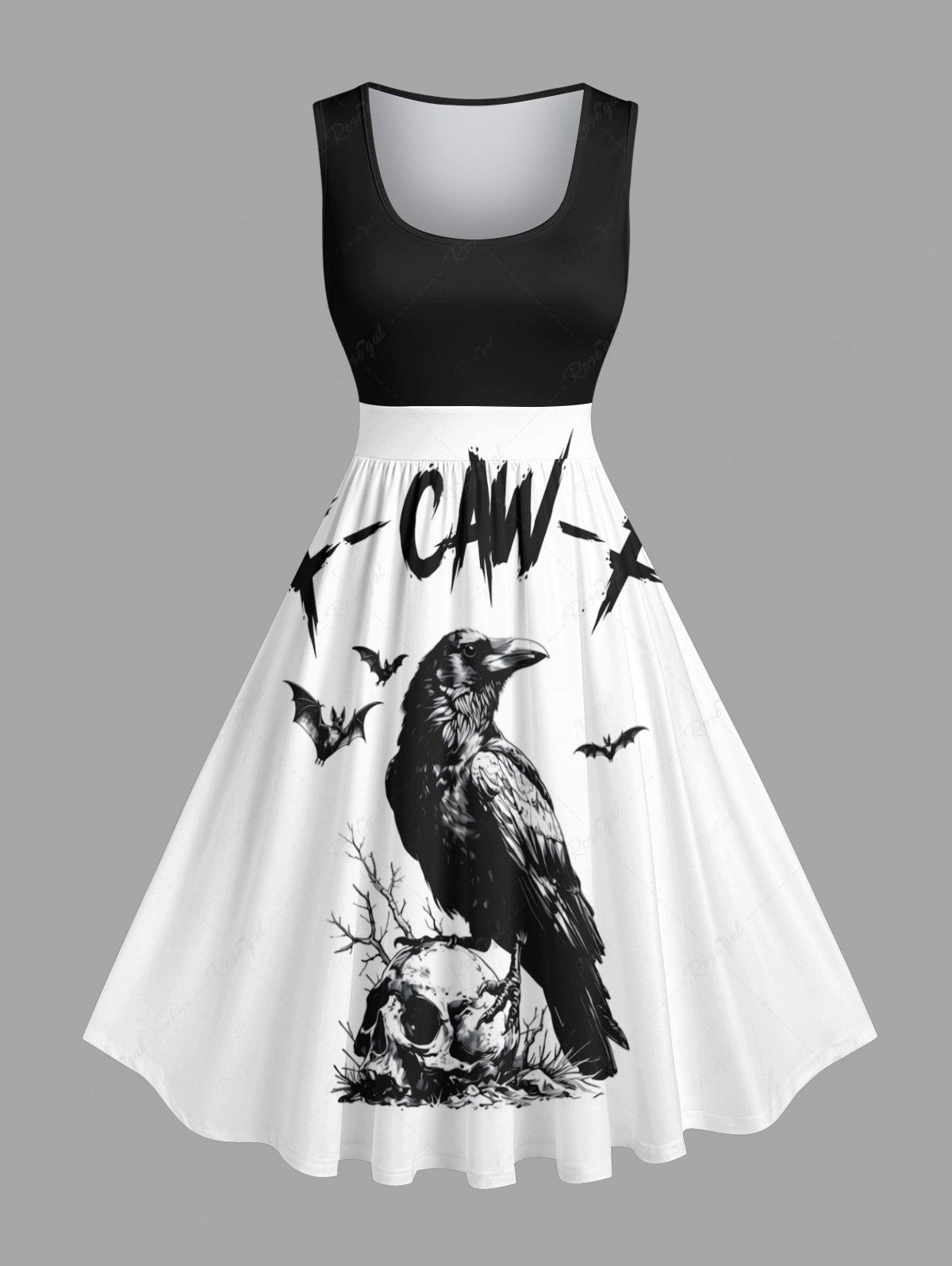 Outfits Plus Size Halloween Skull Crow Bat Print 1950s Vintage Dress  