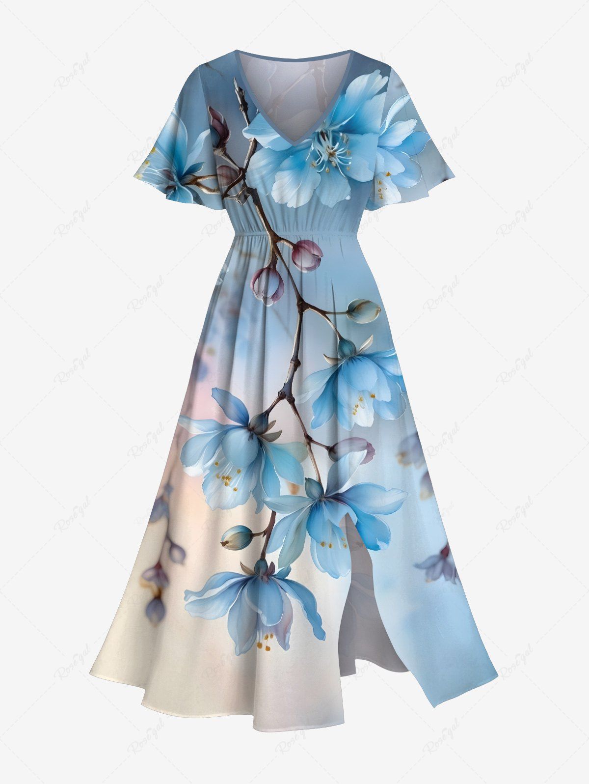 Trendy Plus Size Flowers Ombre Print Split Hawaii Midi Dress  