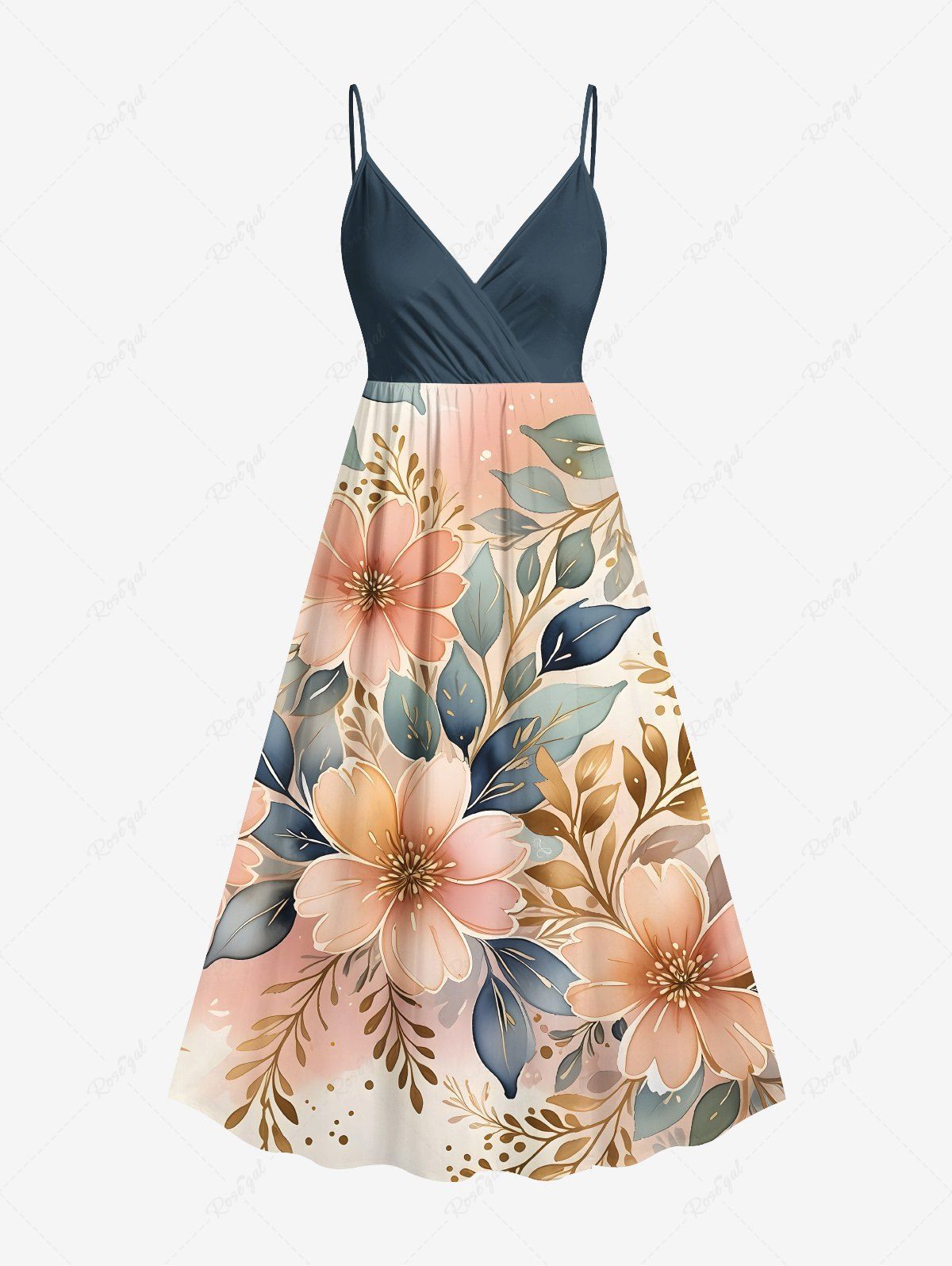 Cheap Plus Size Flowers Leaf Print Surplice Hawaii Cami Dress  