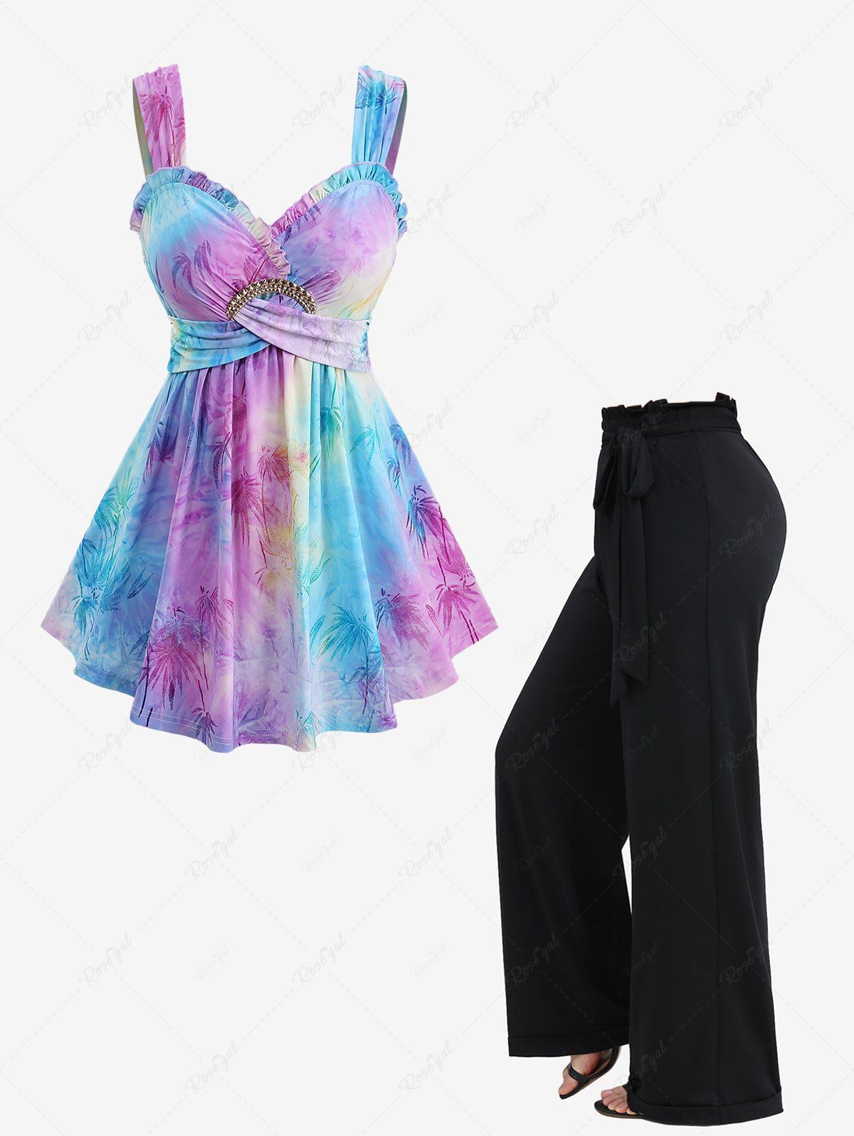 Débardeur croisé à volants et taille large, motif feuilles de bambou floquées, effet tie-dye ombré, tenue grande taille Multi-F 