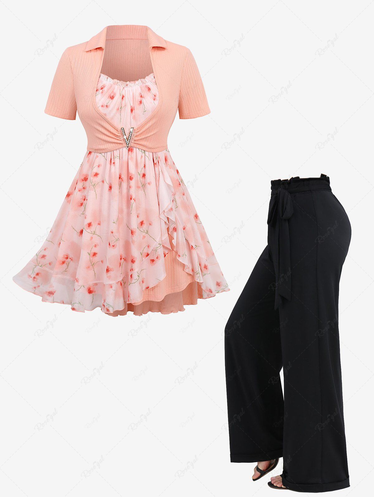 Chemisier 2 en 1 à imprimé floral, boucle en V, ourlet tulipe côtelé, taille à volants, pantalon large, tenue grande taille orange clair 