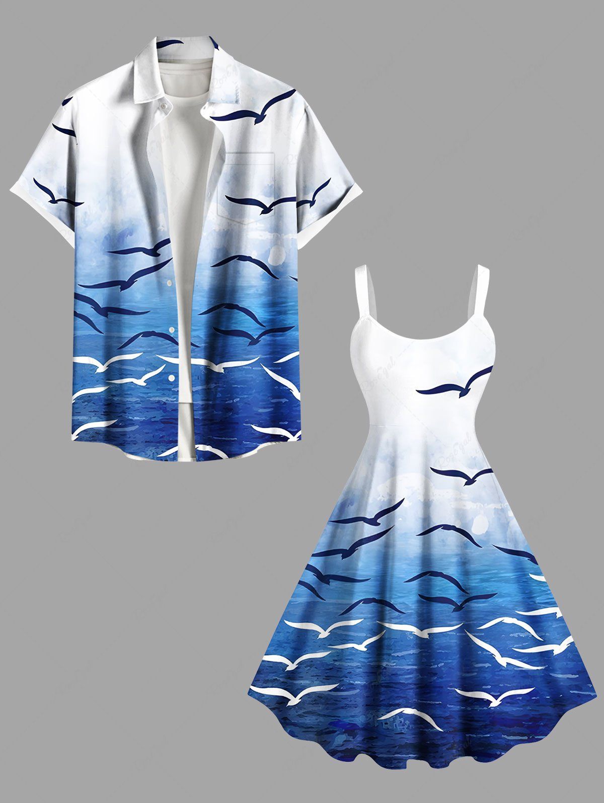 Hot Ombre Sea Bird Print Plus Size Matching Hawaii Beach Outfit For Couples  