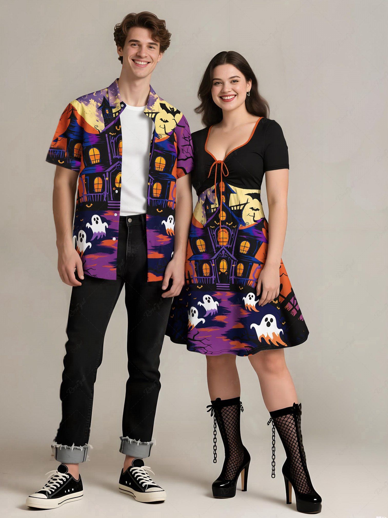 Buy Halloween Ghost Castle Tree Bat Moon Print Plus Size Matching Outfit For Couples  