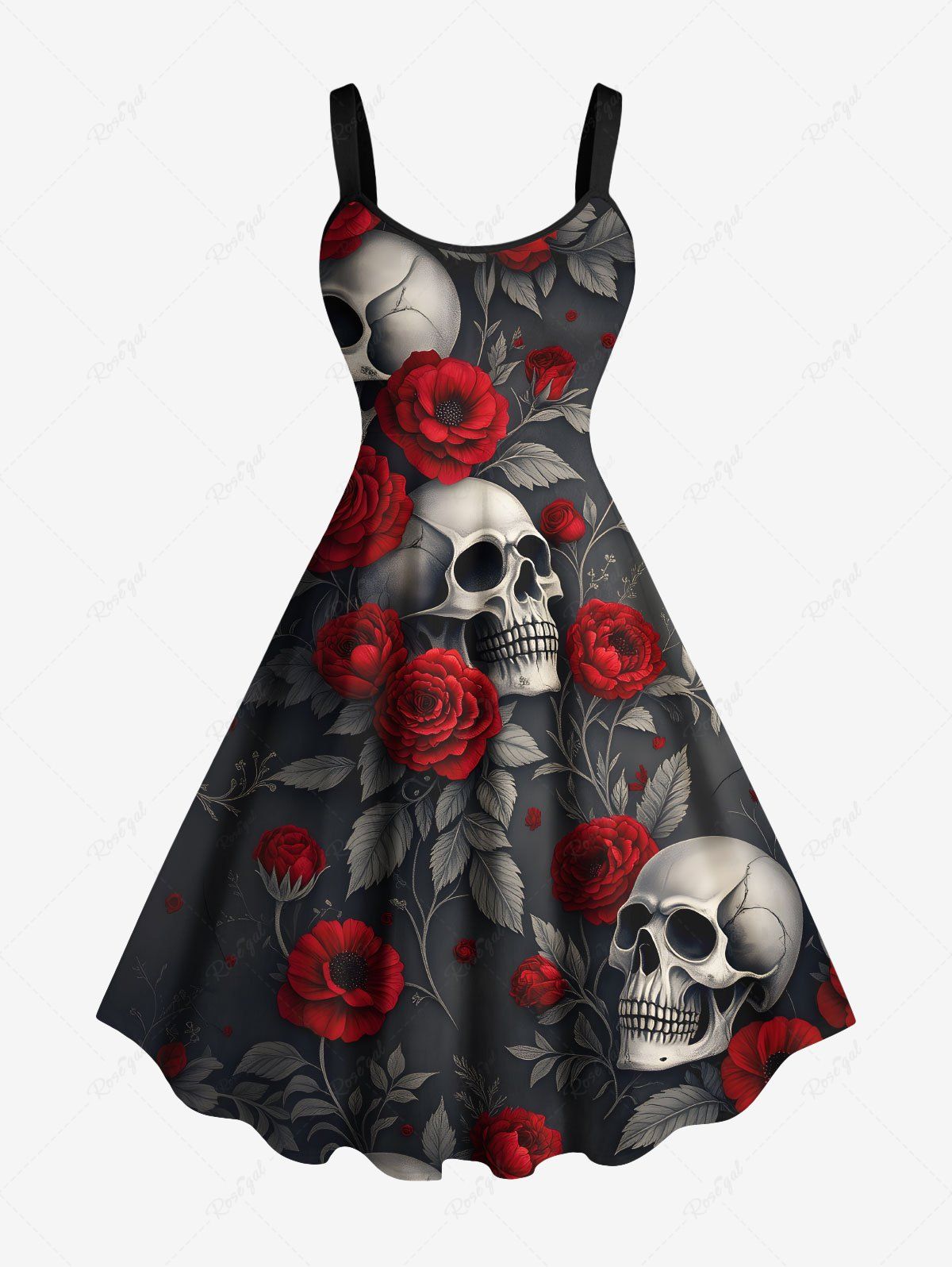 Chic Plus Size Skull Rose Flower Leaf Branch Print Halloween A Line Tank Dress  