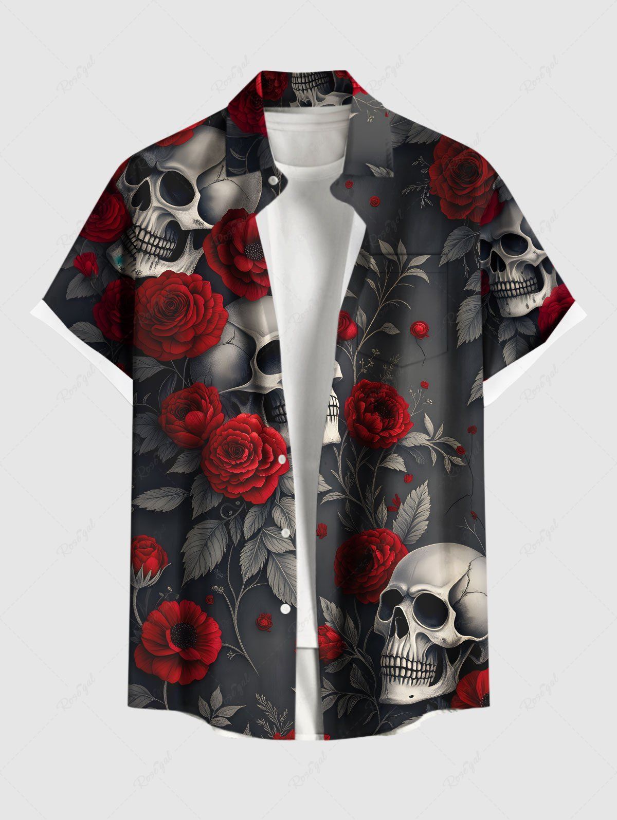 Chemise grande taille à imprimé tête de mort, rose, fleur, feuille, branche, Halloween, bouton, poche, pour homme Noir M