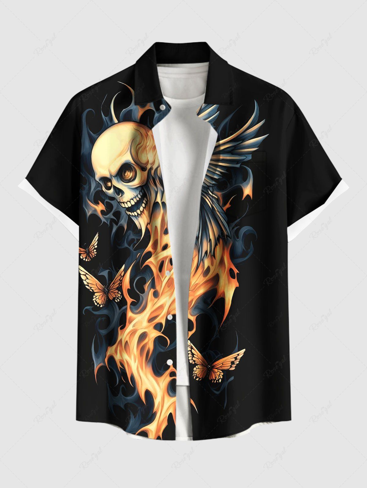 Chemise grande taille à imprimé tête de mort, ailes, papillon, feu, flamme, Halloween, bouton, poche, pour homme Noir L