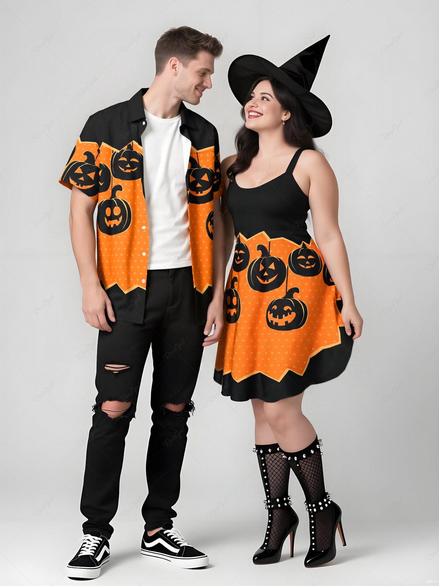 Affordable Halloween Pumpkin Tassel Dots Print Plus Size Matching Outfit For Couples  