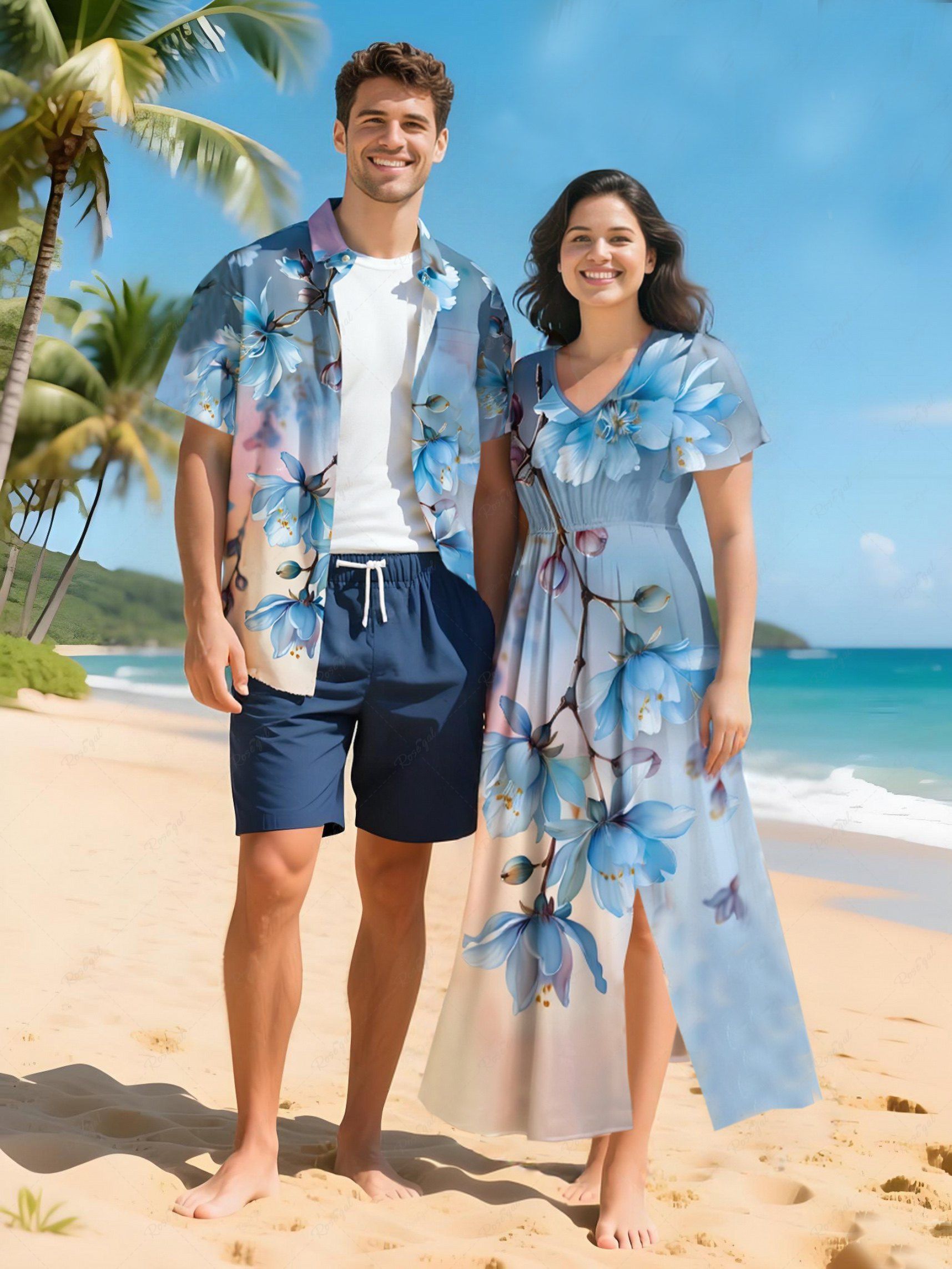 Discount Flowers Ombre Print Plus Size Matching Hawaii Beach Outfit For Couples  