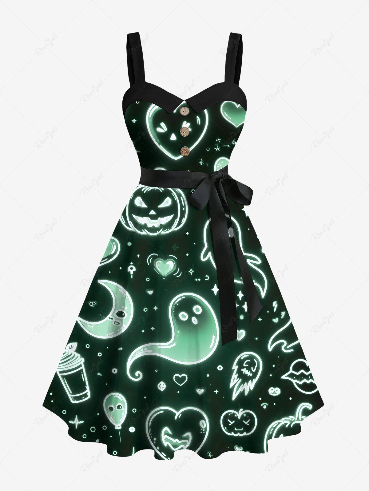 Best Plus Size Pumpkin Ghost Heart Moon Star Galaxy Print Halloween Ombre Button A Line Dress with Removable Belt  
