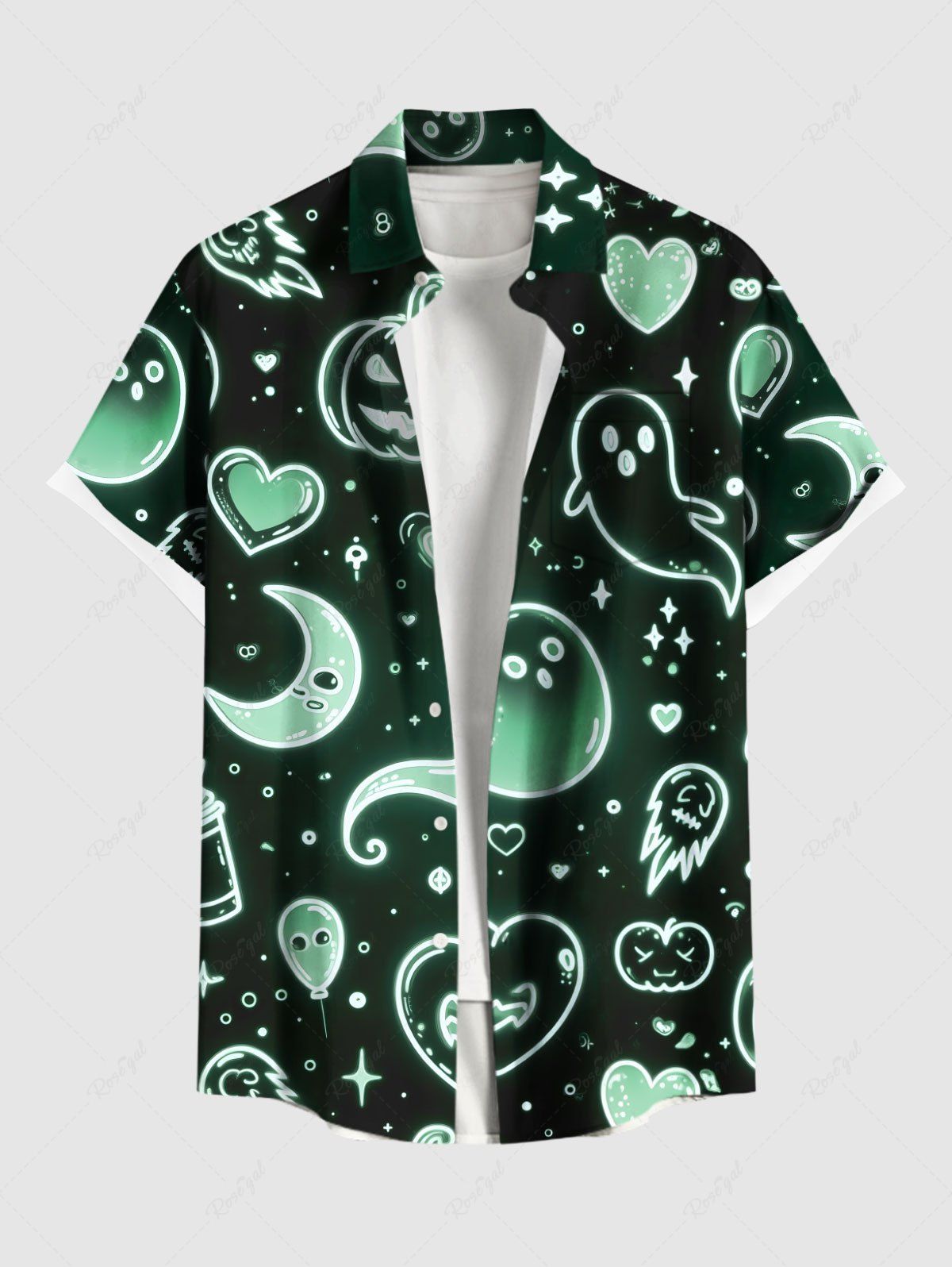 Chemise grande taille à imprimé citrouille, fantôme, cœur, lune, étoile, galaxie, Halloween, ombré, boutonnée et poche pour homme Noir 2XL