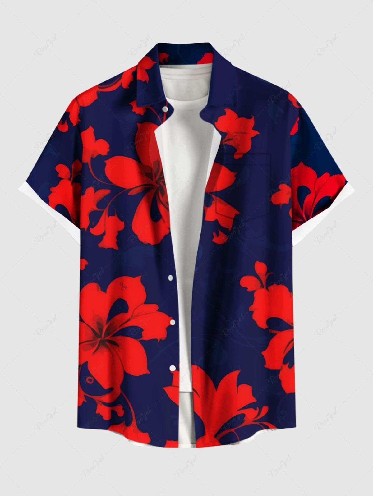 Buy Plus Size Hibiscus Flower Print Hawaii Button Pocket Shirt For Men  