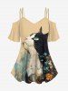 Cat Flower Print Cold Shoulder Cami T-shirt and Flare Pants Plus Size Matching Set -  