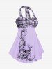 Plus Size & Curve Halter Plaid Skull Print Backless Gothic Modest Tankini  Swimsuit -  