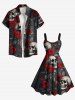 Plus Size Skull Rose Flower Leaf Branch Print Halloween A Line Tank Dress -  