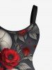 Plus Size Skull Rose Flower Leaf Branch Print Halloween A Line Tank Dress -  