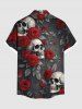 Chemise grande taille à imprimé tête de mort, rose, fleur, feuille, branche, Halloween, bouton, poche, pour homme - Noir 5XL