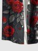 Chemise grande taille à imprimé tête de mort, rose, fleur, feuille, branche, Halloween, bouton, poche, pour homme - Noir 5XL