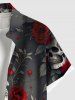 Chemise grande taille à imprimé tête de mort, rose, fleur, feuille, branche, Halloween, bouton, poche, pour homme - Noir 5XL