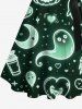 Plus Size Pumpkin Ghost Heart Moon Star Galaxy Print Halloween Ombre Button A Line Dress with Removable Belt -  