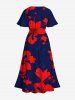 Plus Size Hibiscus Flower Print Hawaii Split Pocket A Line Midi Dress -  