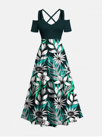 Plus Size Flowers Leaf Print Cold Shoulder Crisscross Hawaii Maxi Dress - BLACK - XS