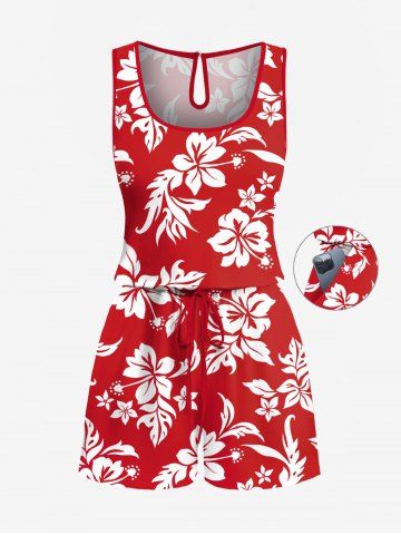 Plus Size Hibiscus Flowers Tropical Leaf Print Cinched Hawaii Romper - RED - XXS