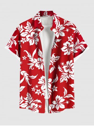 Plus Size Hibiscus Flowers Tropical Leaf Print Buttons Pocket Hawaii Shirt For Men - RED - 5XL