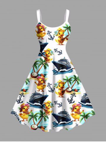 Plus Size Ducks Coconut Tree Sea Waves Ship Anchor Cruise Print Hawaii Tank Dress - WHITE - 5X