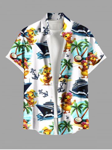 Plus Size Ducks Coconut Tree Sea Waves Ship Anchor Cruise Print Buttons Pocket Hawaii Shirt For Men - WHITE - S