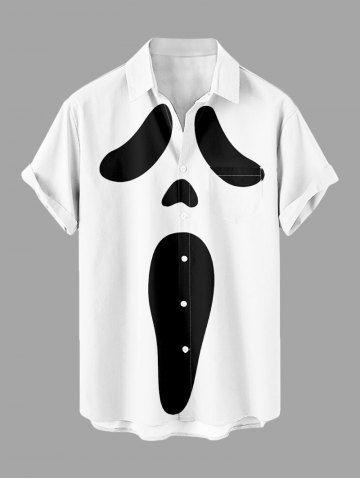 Plus Size Halloween Ghost Print Buttons Pocket Shirt For Men - WHITE - 6XL