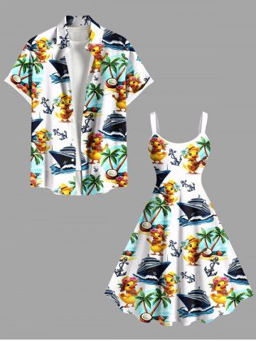 Ducks Coconut Tree Sea Waves Ship Anchor Cruise Print Plus Size Matching Hawaii Beach Outfit For Couples - WHITE