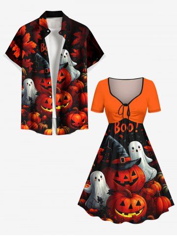 Halloween Pumpkin Ghost Maple Leaf Print Plus Size Matching Outfit For Couples - ORANGE