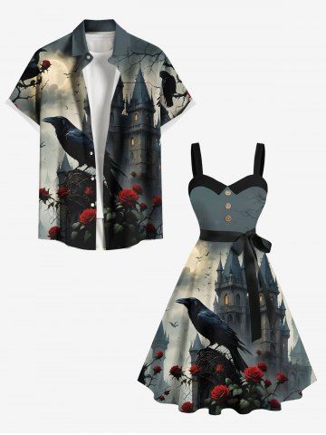 Halloween Crow Rose Flower Castle Moon Ombre Galaxy Print Plus Size Matching Outfit For Couples