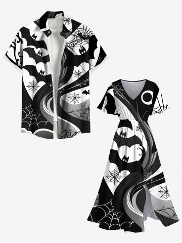 Halloween Bat Spider Web Curve Print Plus Size Matching Outfit For Couples