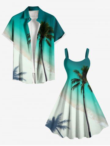 Coconut Tree Ombre Sea Beach Print Plus Size Matching Hawaii Beach Outfit For Couples - GREEN