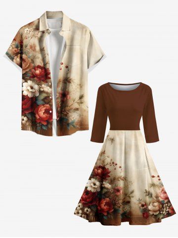 Flower Leaf Branch Print Matching Hawaii Beach Outfit For Couples - BROWN