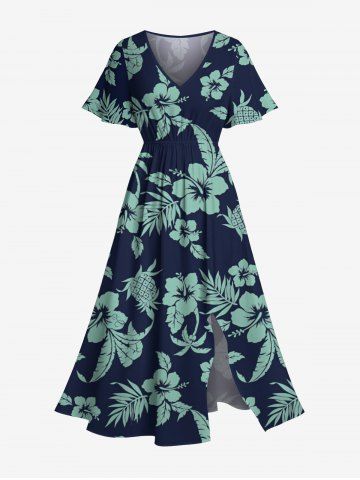 Plus Size Hibiscus Flowers Leaf Coconut Tree Pineapple Print Split Hawaii Midi Dress - DEEP BLUE - 6X