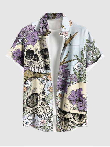 Plus Size Halloween Skull Flowers Eyes Print Buttons Pocket Shirt For Men