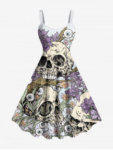 Plus Size Halloween Skull Flowers Eyes Print Tank Dress