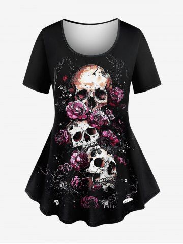 Plus Size Skull Rose Flower Branch Print Women T-shirt - BLACK - 6X