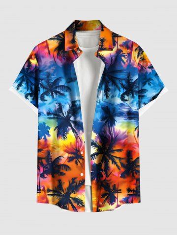 Plus Size Coconut Tree Tie Dye Ombre Print Hawaii Button Pocket Shirt For Men - ORANGE - S