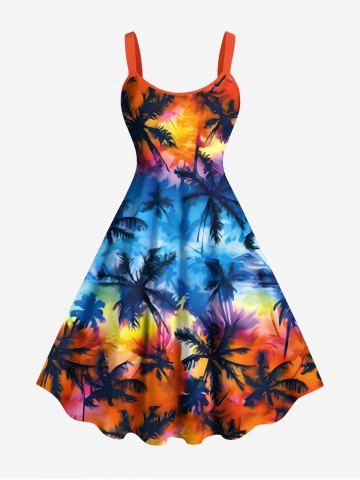 Plus Size Coconut Tree Tie Dye Ombre Print Hawaii A Line Tank Dress - ORANGE - 6X