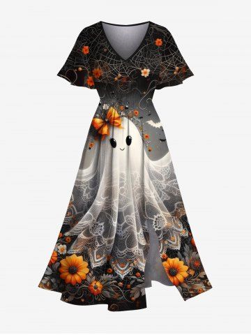 Plus Size Flower Spider Web Ghost Bride Print Halloween Ombre Split Pocket A Line Midi Dress - BLACK - XXS